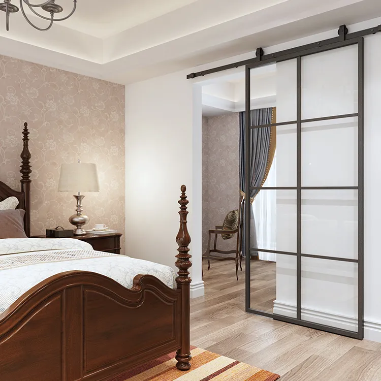 Puerta moderna con marco de acero, puerta corrediza de vidrio de seguridad templado pesado de 3/8' 