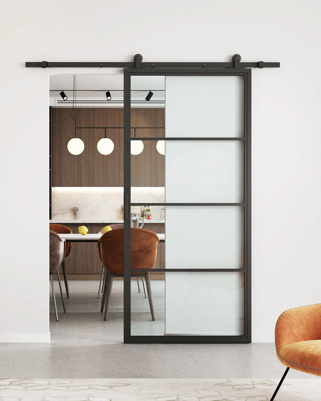 Puerta de granero tipo loft de vidrio transparente con marco de acero 