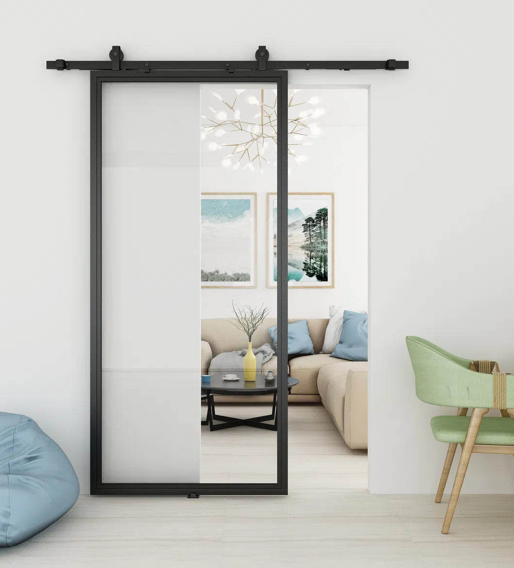 Puerta de una pieza con marco de acero negro de metal con inserto de vidrio transparente Puerta 