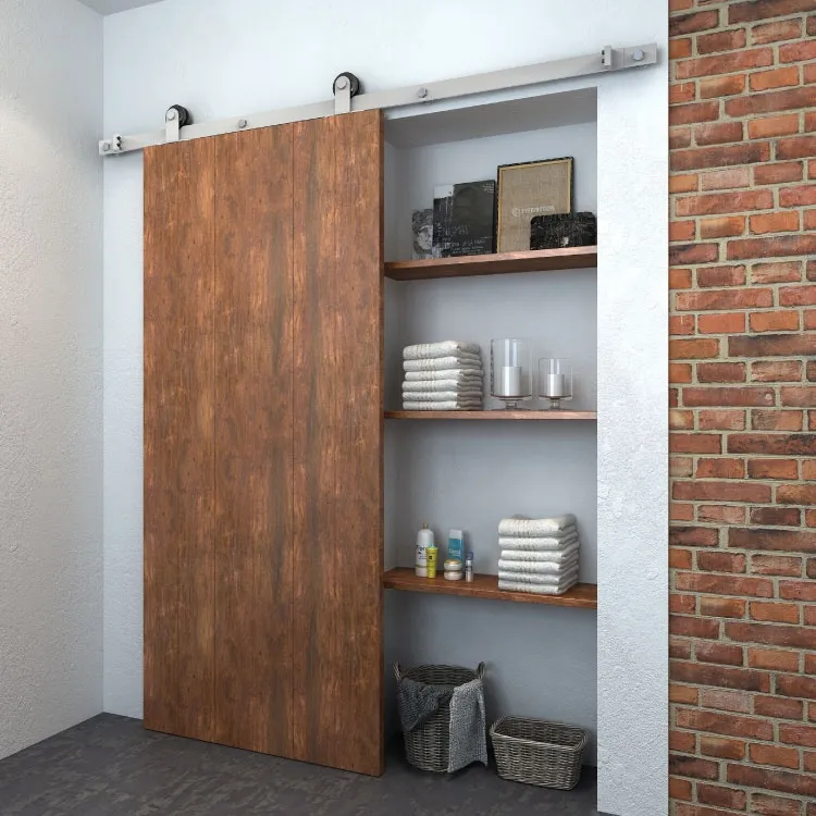 montaje en puerta Sistema deslizante de n&iacute;quel cepillado Herrajes para puerta doble de granero con derivaci&oacute;n plegable de lat&oacute;n antiguo Kit para montaje en puerta de madera interior, riel lateral para bricolaje, accesorios de n&iacute;quel 
