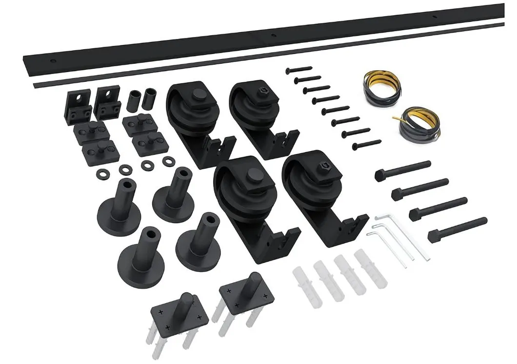 Herrajes para puertas de granero corredizas plegables Kit de rodillos de montaje superior con riel plano 