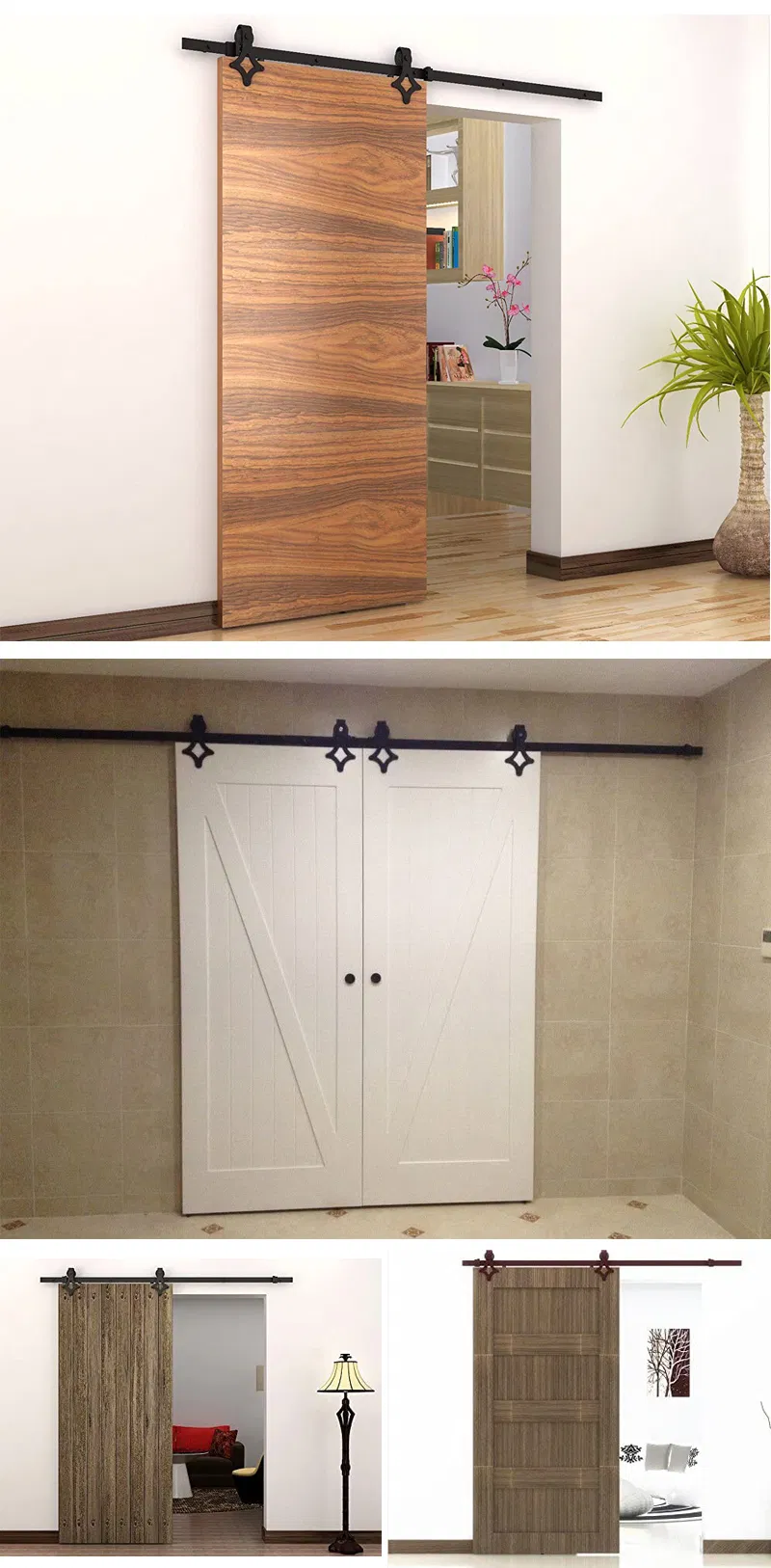 Serie 6000 de 6 pies. Kit de herrajes para puerta de granero con rodillos estilo diamante negro 