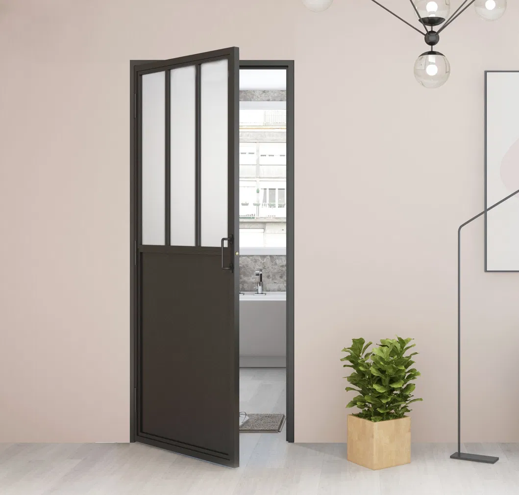 Puerta abatible de vidrio templado con marco de acero con manija o cerradura para ba&ntilde;o 