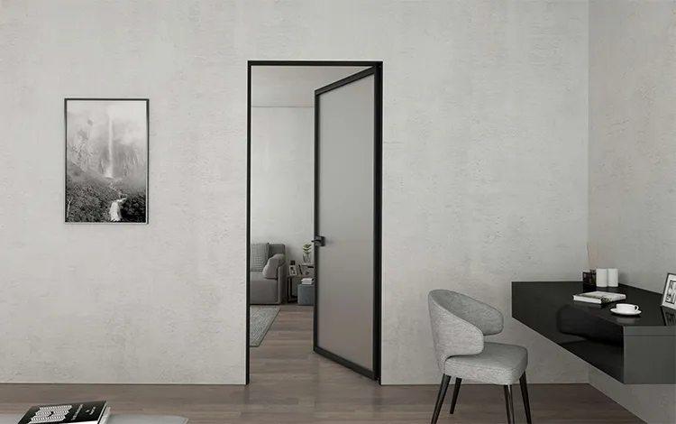 Puerta abatible con marco de aluminio para uso comercial con vidrio esmerilado 