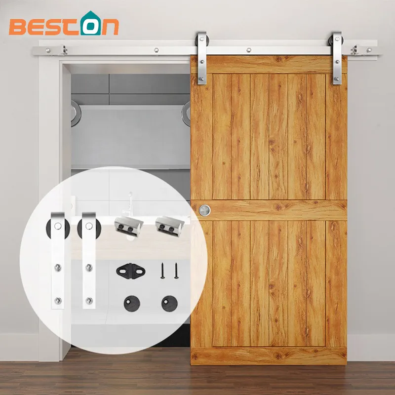 Sistema deslizante de n&iacute;quel cepillado, kit de herrajes para puerta de granero doble con derivaci&oacute;n plegable de lat&oacute;n antiguo para montaje en puerta de madera interior, riel lateral para bricolaje, accesorios de n&iacute;quel satinado 