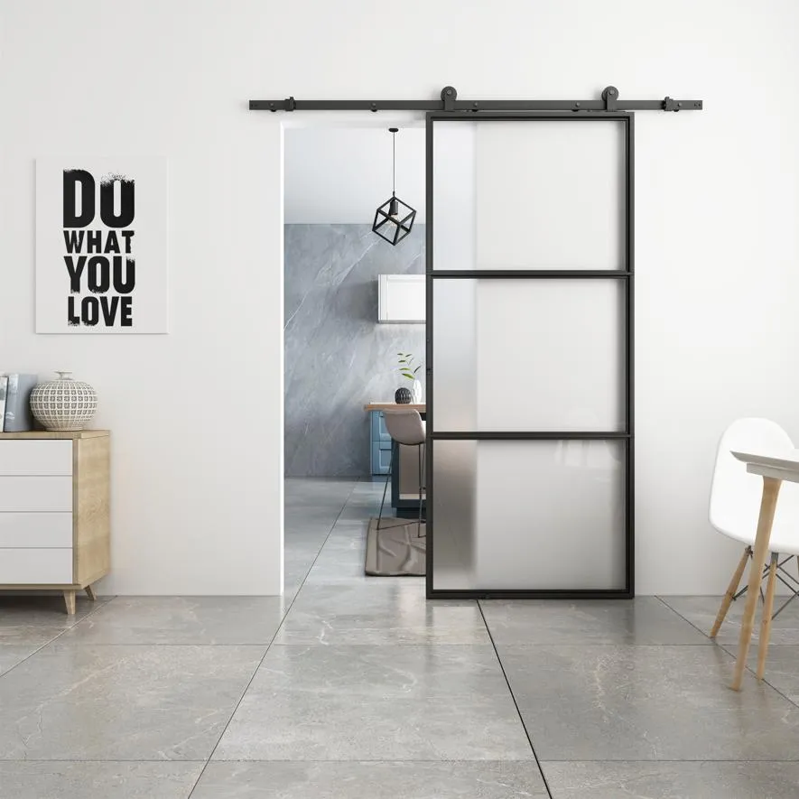 Puertas de granero de vidrio con marco de metal y riel personalizadas, puertas corredizas interiores de vidrio 