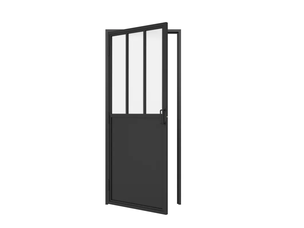 Puerta abatible de vidrio con recubrimiento en polvo negro estilo franc&eacute;s con placa de apoyo 