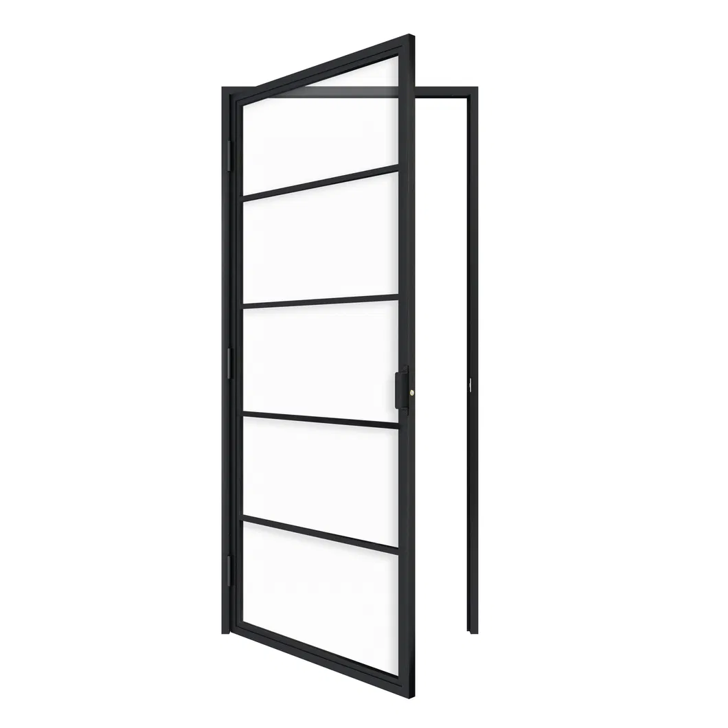 Puerta abatible de vidrio con marco de acero negro y bisagras para uso interior 