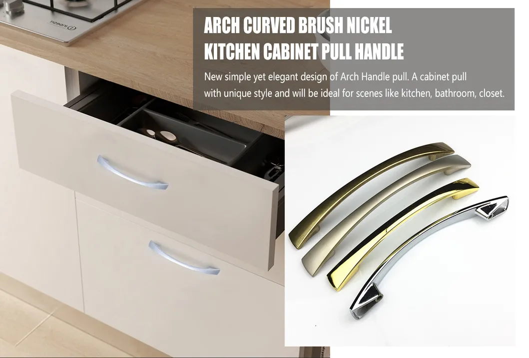 Herrajes para muebles Arco de aleaci&oacute;n de zinc Cepillo curvo Gabinete de cocina de n&iacute;quel Tirador Herrajes 