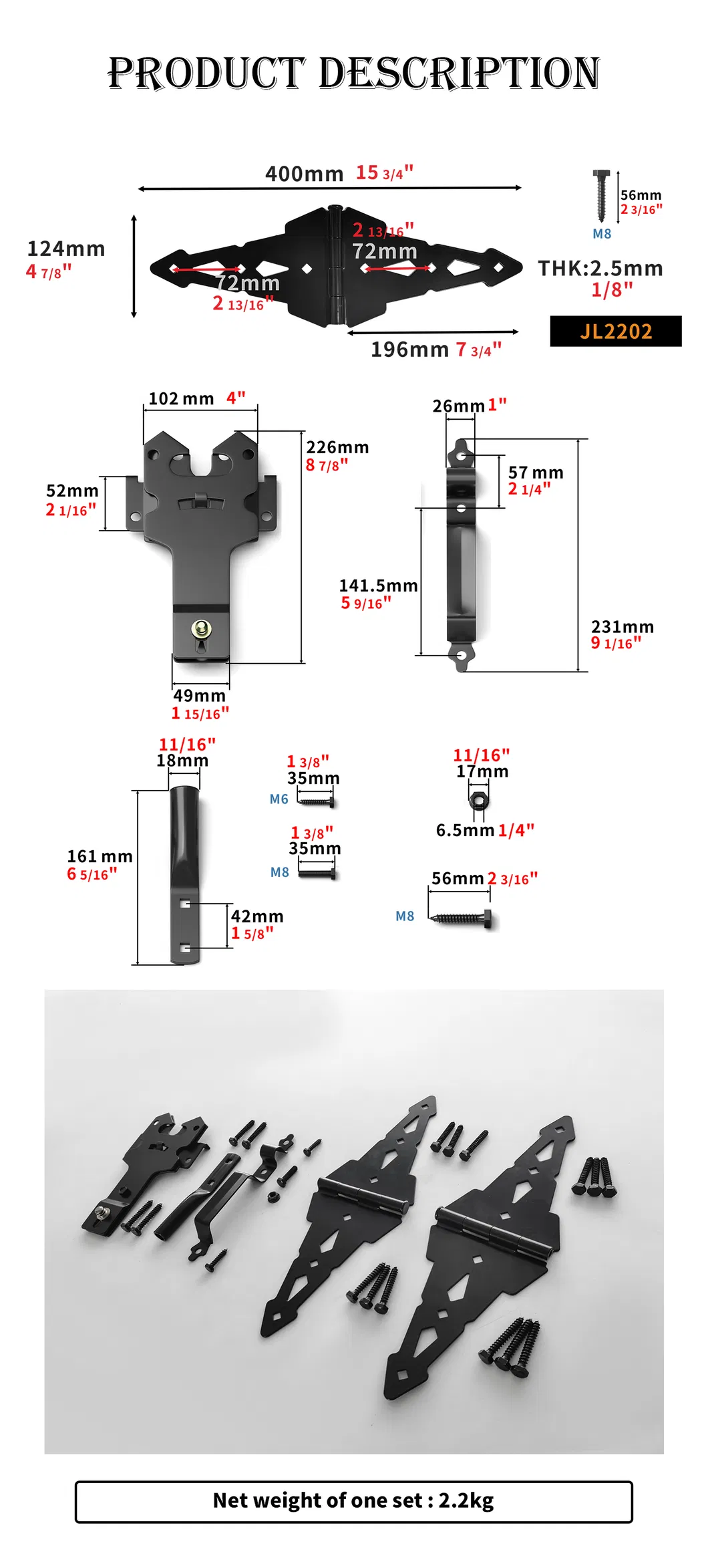 Bisagra de puerta Pestillo de puerta Metal Negro Madera Valla Hardware 
