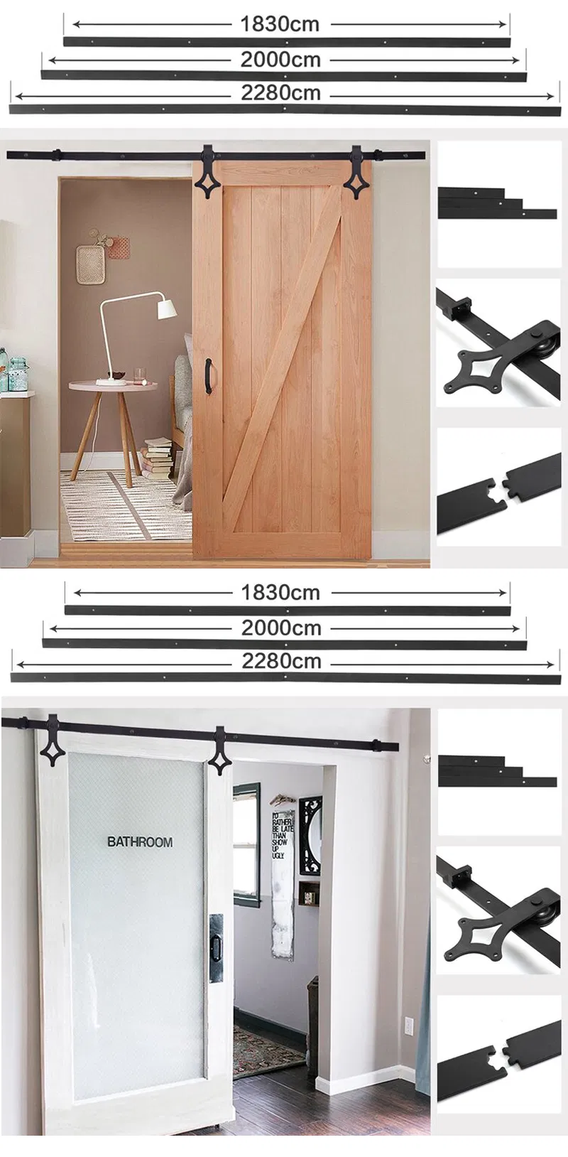 Serie 6000 de 6 pies. Kit de herrajes para puerta de granero con rodillos estilo diamante negro 