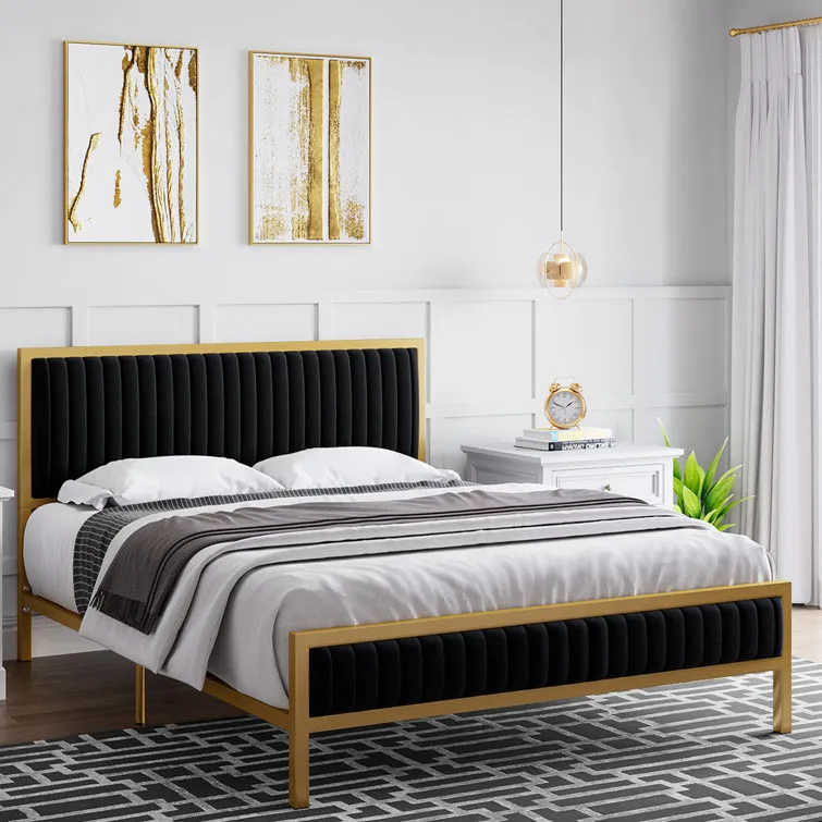 Base de cama de metal de tama&ntilde;o completo con marco de camas Queen de terciopelo 