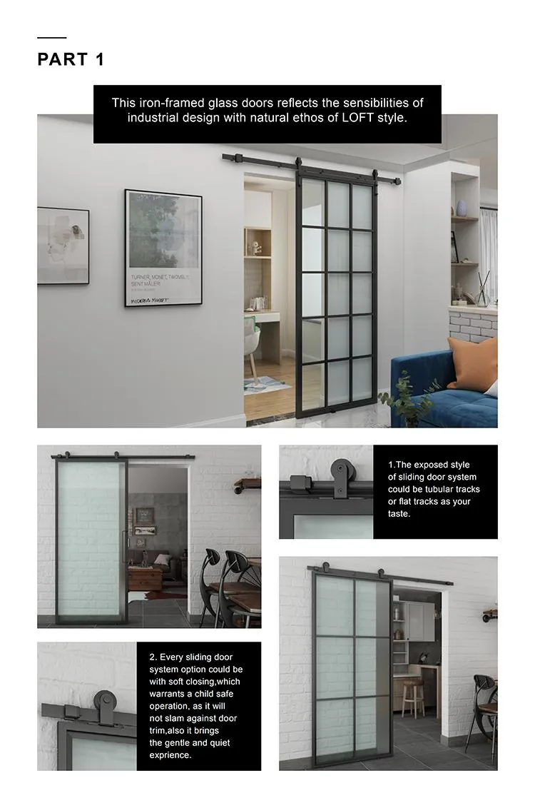 Puerta de vidrio negra corrediza silenciosa estilo loft con marco de acero Puertas divisorias 
