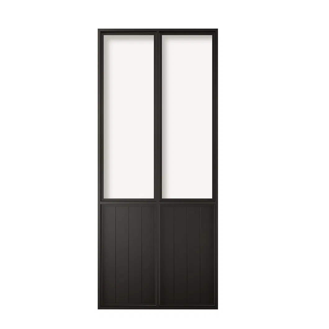 Puerta de granero de estilo franc&eacute;s con marco de acero negro y vidrio transparente con placa de apoyo 
