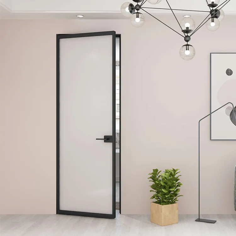Puerta abatible con marco de aluminio para uso comercial con vidrio esmerilado 