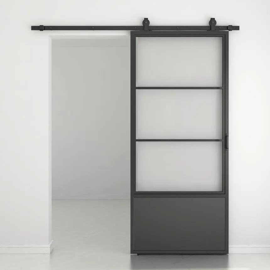 Kit de herrajes corredizos con marco de acero para puerta de granero de vidrio manipulado 3-Lite Manija de puerta 