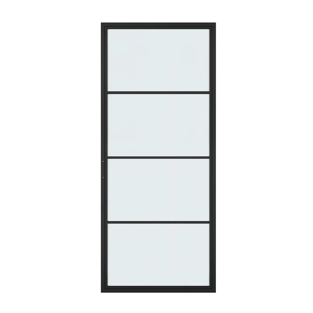 Puerta de granero estilo loft de vidrio transparente con marco de acero negro con herrajes corredizos 