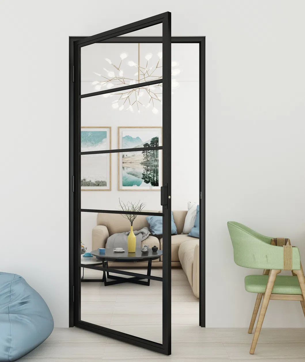 Puerta abatible de vidrio con marco de acero negro y bisagras para uso interior 