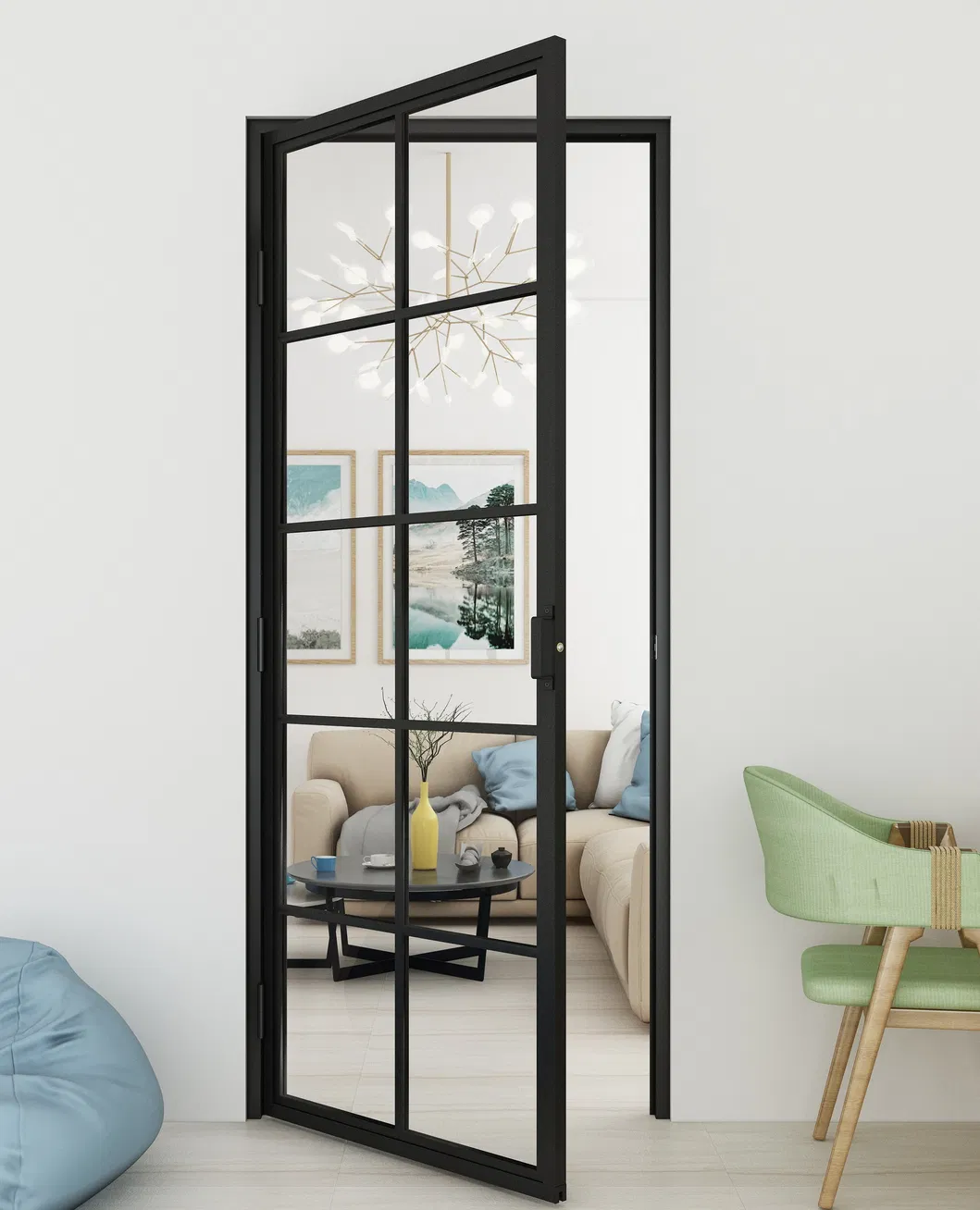 Puerta abatible de vidrio con marco de acero personalizado y herrajes 