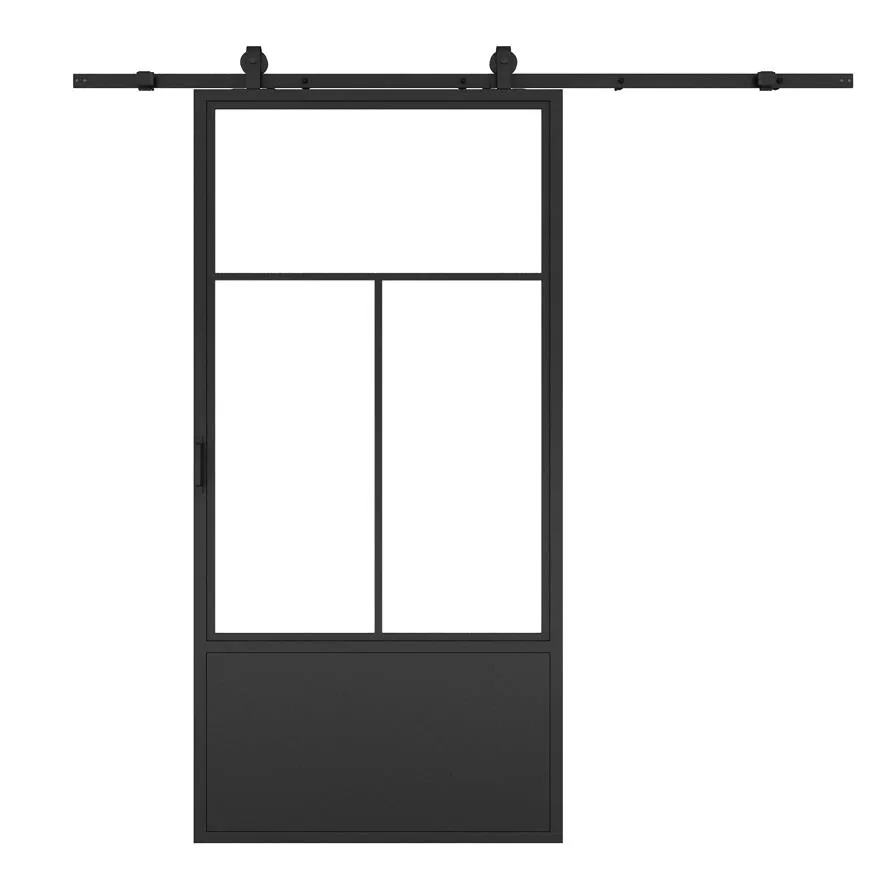 Puerta de granero corrediza de vidrio transparente con acabado de metal negro con kit de herrajes 