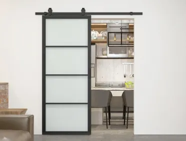 Puerta de vidrio con marco de acero negro de 4 Lites estilo Loft para apertura corrediza 
